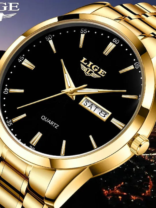 Lige Ceas Bărbați 39mm Baterie Cu Brățară Din Metal Aurie