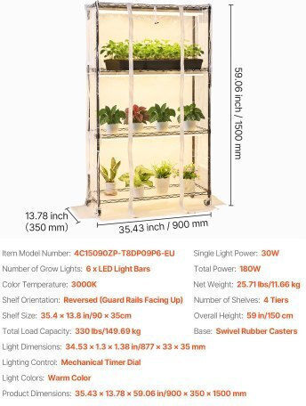 Vevor Επιτραπέζιο Grow Light 3000K με LED και Ισχύ 180W Μ90xΒ35εκ.