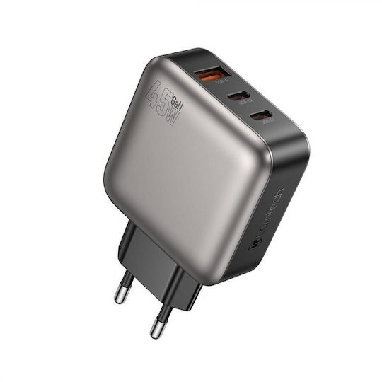 Lamtech Charger Without Cable GaN with USB-A Port and 2 USB-C Ports 45W Power Delivery Gray (LAM980435)