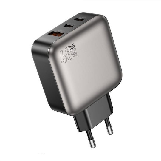 Lamtech Charger Without Cable GaN with USB-A Port and 2 USB-C Ports 45W Power Delivery Gray (LAM980435)