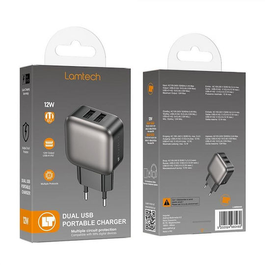 Lamtech Charger Without Cable with 2 USB-A Ports 12W Gray (LAM980480)