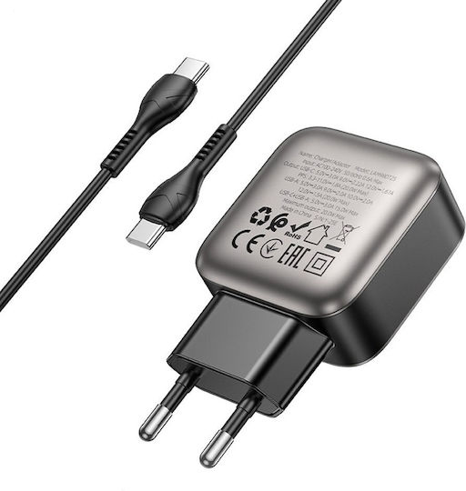 Lamtech Φορτιστής με Θύρα USB-A και Θύρα USB-C και Καλώδιο USB-C - USB-C 60W Power Delivery / Quick Charge 3.0 Γκρι (LAM980725)