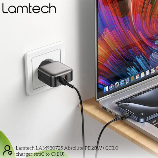 Lamtech Φορτιστής με Θύρα USB-A και Θύρα USB-C και Καλώδιο USB-C - USB-C 60W Power Delivery / Quick Charge 3.0 Γκρι (LAM980725)