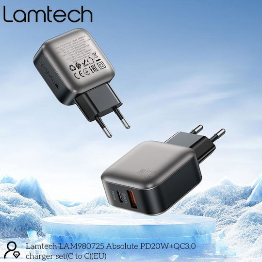 Lamtech Φορτιστής με Θύρα USB-A και Θύρα USB-C και Καλώδιο USB-C - USB-C 60W Power Delivery / Quick Charge 3.0 Γκρι (LAM980725)