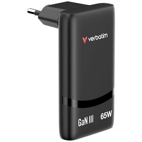 Verbatim Φορτιστής Χωρίς Καλώδιο GaN με 2 Θύρες USB-C 65W Power Delivery Μαύρος (Fold 'n' Go)