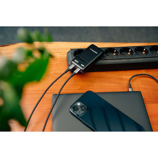 Verbatim Φορτιστής Χωρίς Καλώδιο GaN με 2 Θύρες USB-C 65W Power Delivery Μαύρος (Fold 'n' Go)
