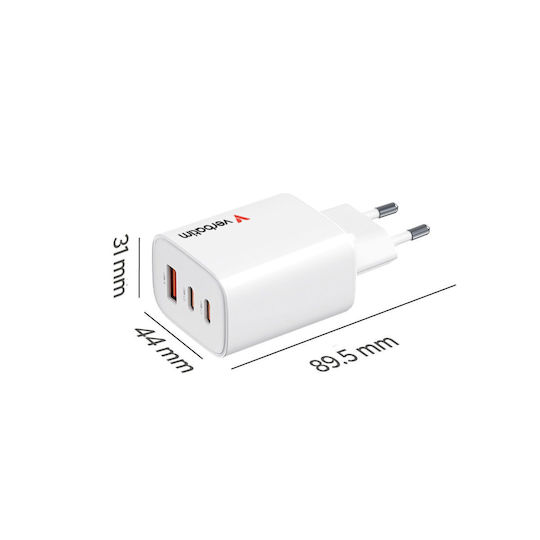 Verbatim Charger Without Cable GaN with USB-A Port and 2 USB-C Ports 65W Power Delivery / Quick Charge 3.0 Whites (Essentials)