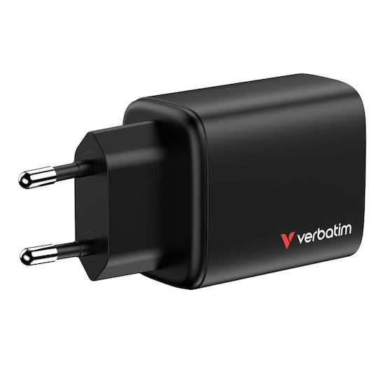 Verbatim Φορτιστής Χωρίς Καλώδιο GaN με Θύρα USB-A και 2 Θύρες USB-C 65W Power Delivery / Quick Charge 3.0 Μαύρος (Essentials)