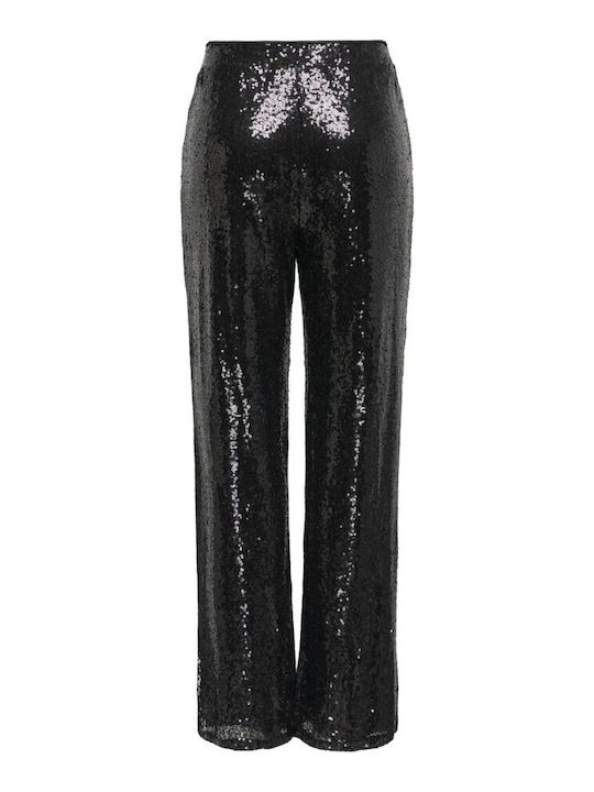 Damen Stoff Hose mit Gummizug in Lockere Passform Schwarz mit Pailletten