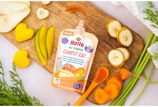 Holle Fruit-Vegetable Puree Carrot Cat Puree Carrot, Mango, Banana & Pear with Flavor Carrot, Mango, Banana & Pear No Added Sugar 100gr for 6+ Months