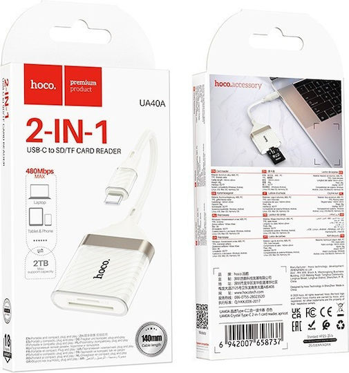 Hoco Ua40a Cititor Carduri Type-C pentru SD/microSD Alb