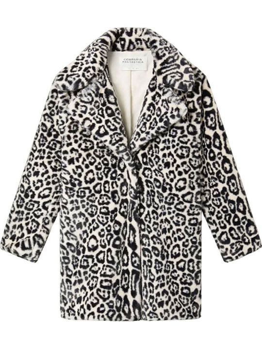 Women's Leopard White Coat with Fur Details