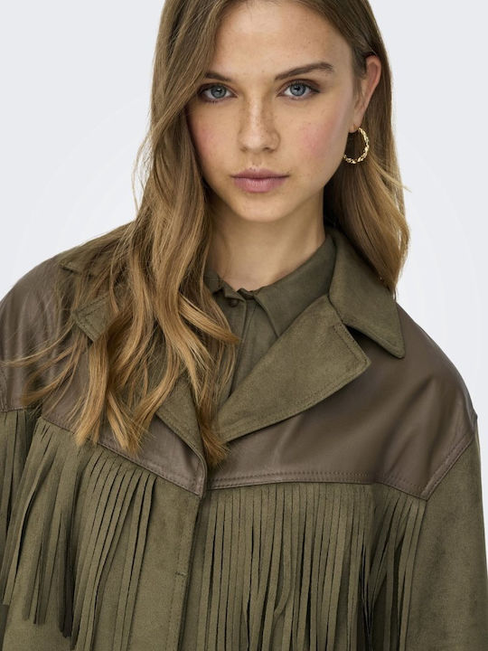 Women's Long Lifestyle Suede Jacket for Winter Oil Green