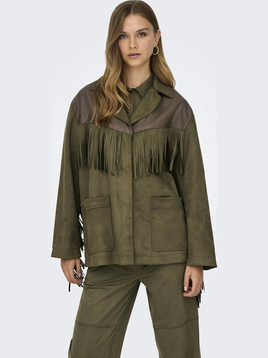 Women's Long Lifestyle Suede Jacket for Winter Oil Green