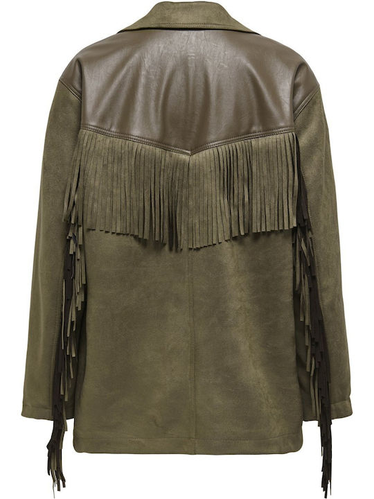 Women's Long Lifestyle Suede Jacket for Winter Oil Green