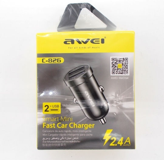 Awei Car Charger 12W 2.4A with Ports: 2xUSB Black Color