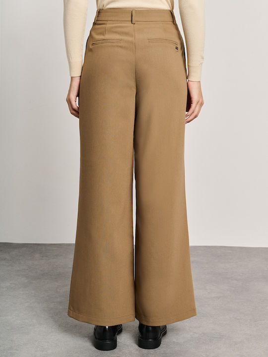 Women's High-waisted Fabric Trousers Loose Fit Cappuccino