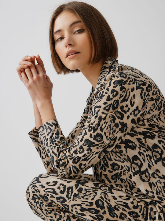 Minerva Winter Damen Pyjama-Set Beige-black Hearts Hearts