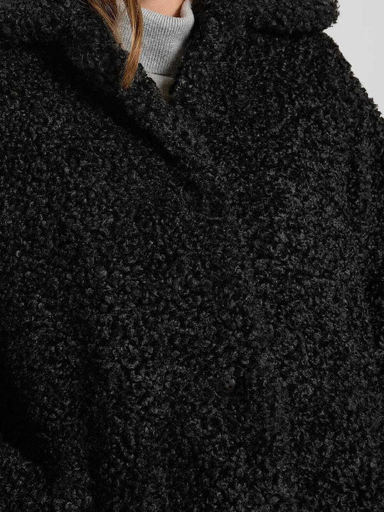 Women's Black Coat Teddy with Buttons