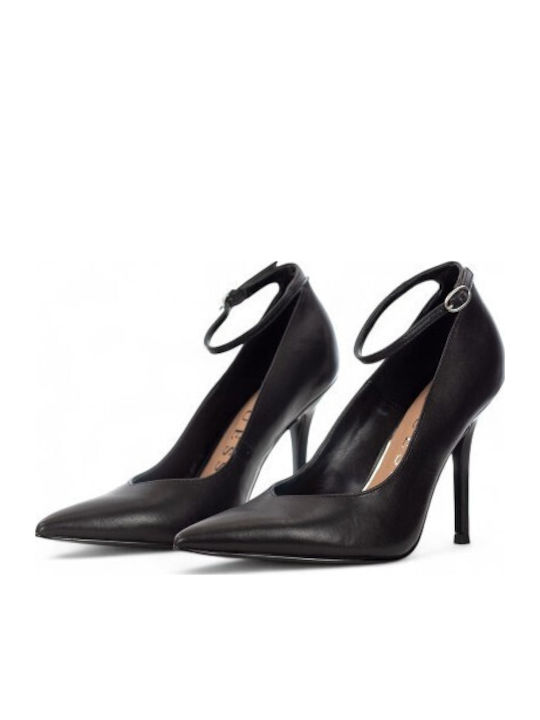 Leather Black High Heels with Strap