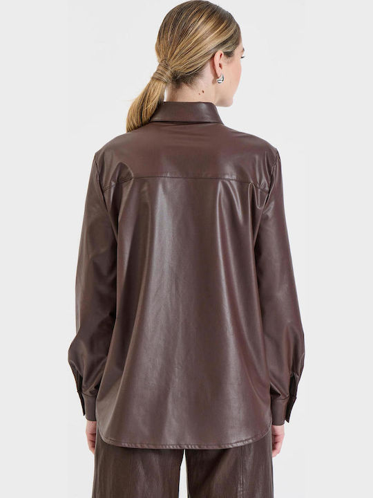 Women's Leather Long Sleeve Shirt Brown