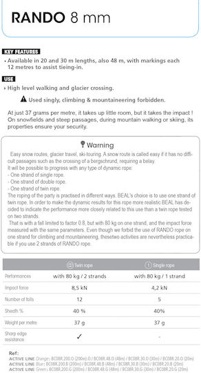 Beal Rando CR08.48.O Climbing Rope with Length 48m Orange