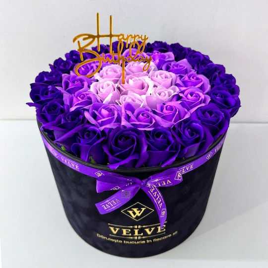 Majestic Floral Arrangement Purple Lilac Light Pink Soap Roses In A Black Velvet Box Happy Birthday Message