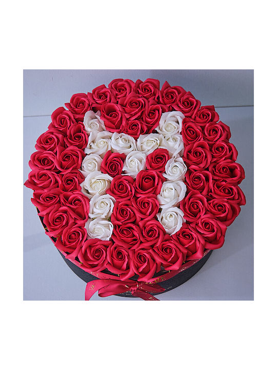 Aranjament Floral Etern Personalizat Litera M În Cutie Rotundă Neagră 55 Trandafiri Săpun