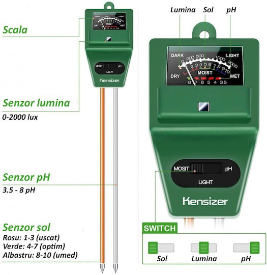 Tester Sol 3 În 1 Ph Umiditate Lumină 2 Sonde Înălțime 29,3 Cm