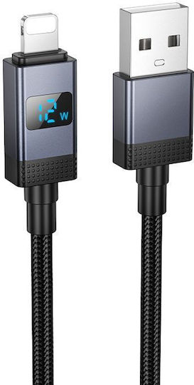Hoco X118 Braided / LED USB-A to Lightning Cable 12W Μαύρο 1m