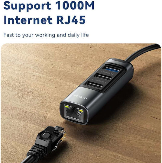 Yesido HB21 Hub 4 Ports USB 3.0 with USB-A / USB-C / Ethernet Connection Gray