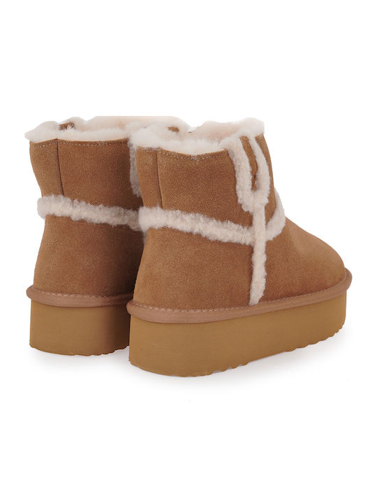 Suede Women's Ankle Boots with Fur Tabac Brown