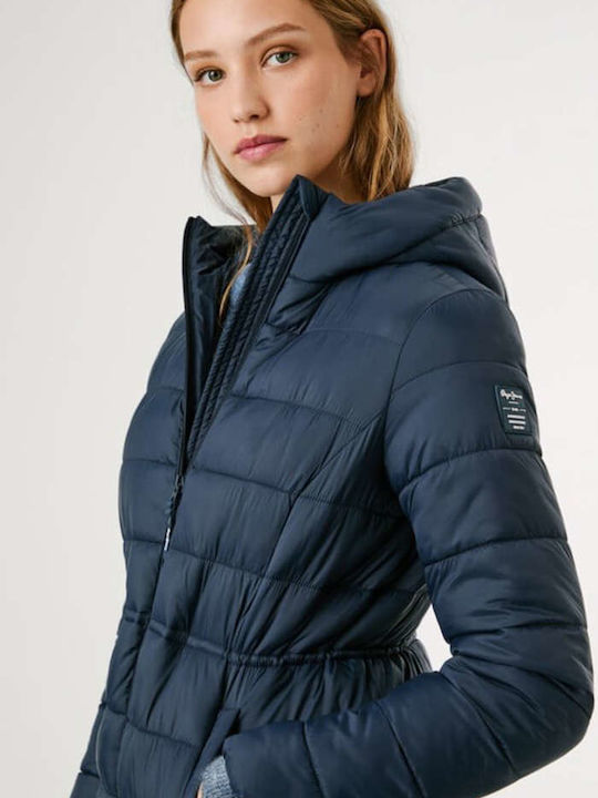 Μακρύ Γυναικείο Puffer Μπουφάν για Χειμώνα Navy Μπλε