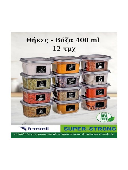 Femmit Set 12 Food Spice Storage Jars 400 ml with Airtight Lid Plastic BPA Free