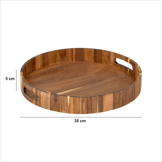 5Five Wooden Round Serving Tray with Handles in Brown Color 35x35x5cm 190167 1pcs