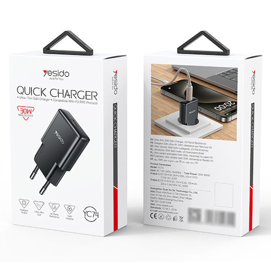 Yesido Charger Without Cable GaN with USB-C Port 30W Power Delivery Blacks (YC74)