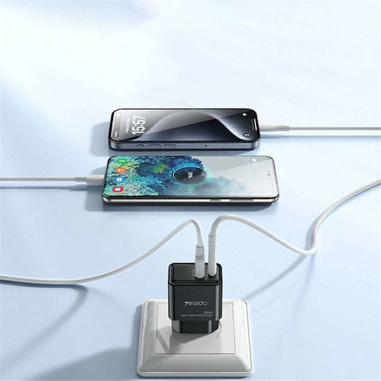 Yesido Charger Without Cable GaN with USB-A Port and USB-C Port 30W Power Delivery Blacks (YC64)