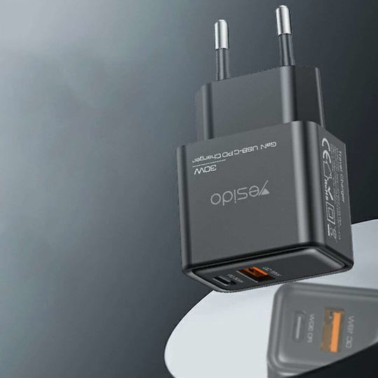Yesido Charger Without Cable GaN with USB-A Port and USB-C Port 30W Power Delivery Blacks (YC64)