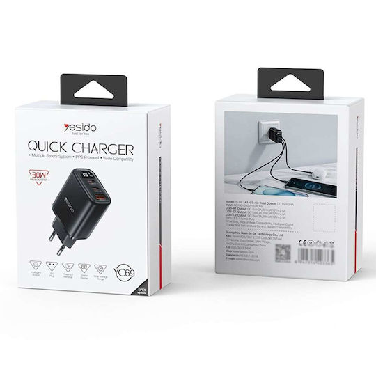 Yesido Ladegerät ohne Kabel mit USB-A Anschluss und 2 USB-C Anschlüsse 30W Stromlieferung Schwarzs (YC69)