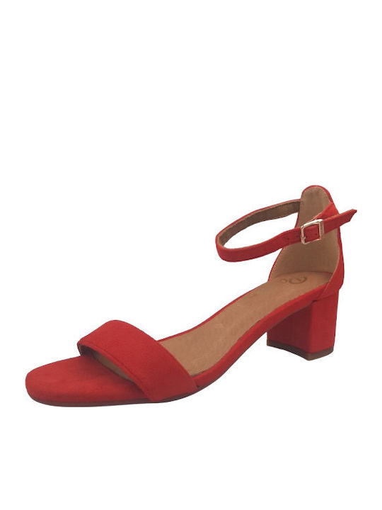 Leder Damen Sandalen Anatomisch mit Chunky mittlerem Absatz in Rot Farbe