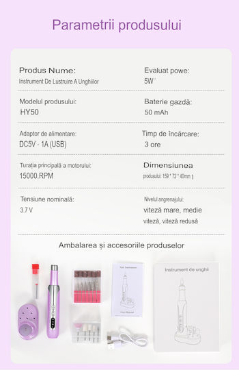 Freza Electrică Unghii Wireless Manichiură-pedichiură Arvada Nailpro M918 Reîncărcabilă 18.000 Rpm 3 Trepte de Viteză Comutator Direcție Design Ergonomic Mov