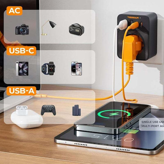 Tessan Steckdosenleiste mit USB-A und 2 USB-C Gray