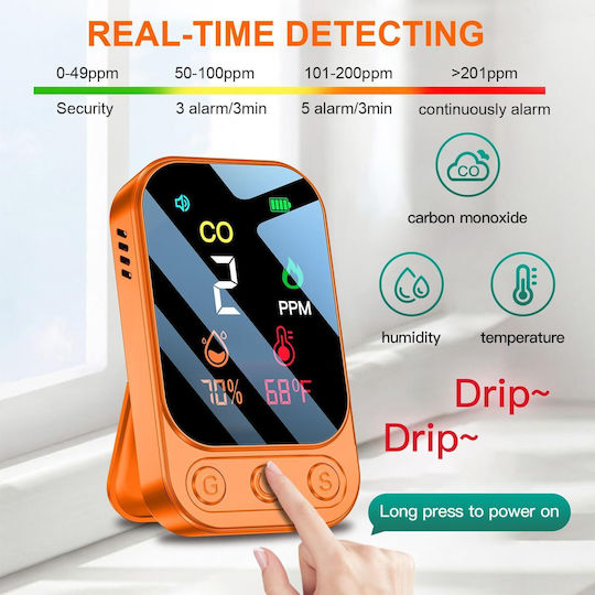 Detector Portabil CO – Monoxid de Carbon Afișaj Temperatură Umiditate Portabil Călătorie Camping Portocaliu
