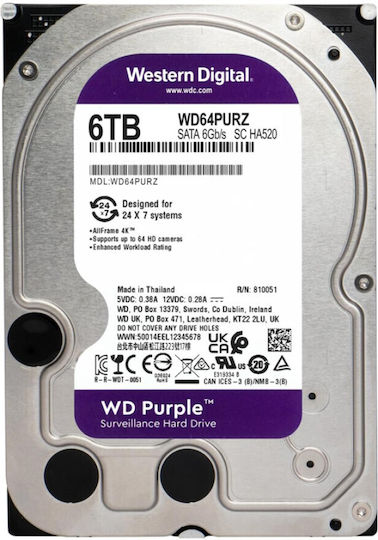 Western Digital Purple 6TB HDD Σκληρός Δίσκος 3.5" SATA III 5400rpm με 256MB Cache για Καταγραφικό WD64PURZ