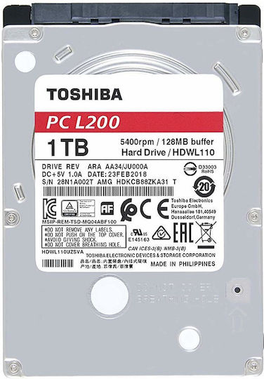 Toshiba L200 1TB HDD Σκληρός Δίσκος 2.5" SATA III 5400rpm με 128MB Cache για Laptop / Desktop HDWL110UZSVA