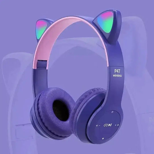 P47M Cat Ear Wireless / Wired On Ear Headphones with Radio Purple