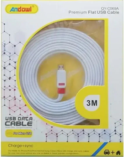 Andowl Flat USB 2.0 to micro USB Cable Λευκό 3m (QY-C069A)