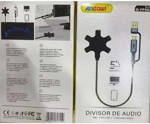 Type-C USB Male to 5x 3.5mm Jack Female Adapter Q-YP502 Andowl