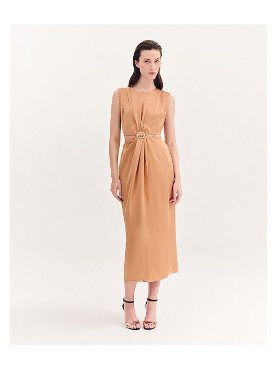 Summer Midi Evening Satin Dress with Tearing Bronze