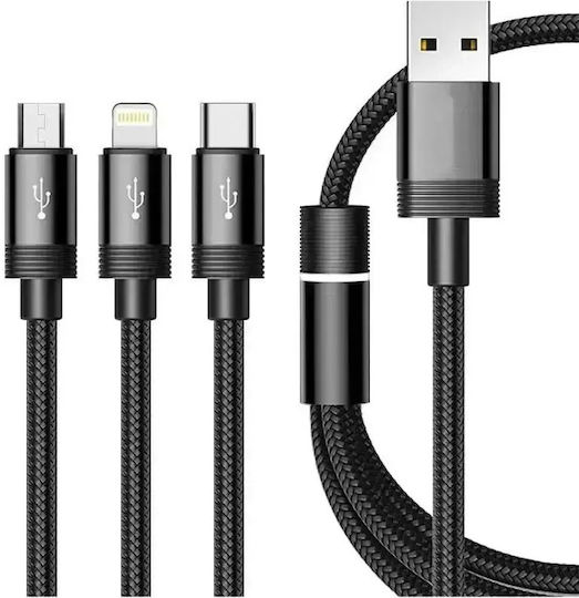 Braided USB to Lightning / Type-C / micro USB Cable Μαύρο 1m (S-687)